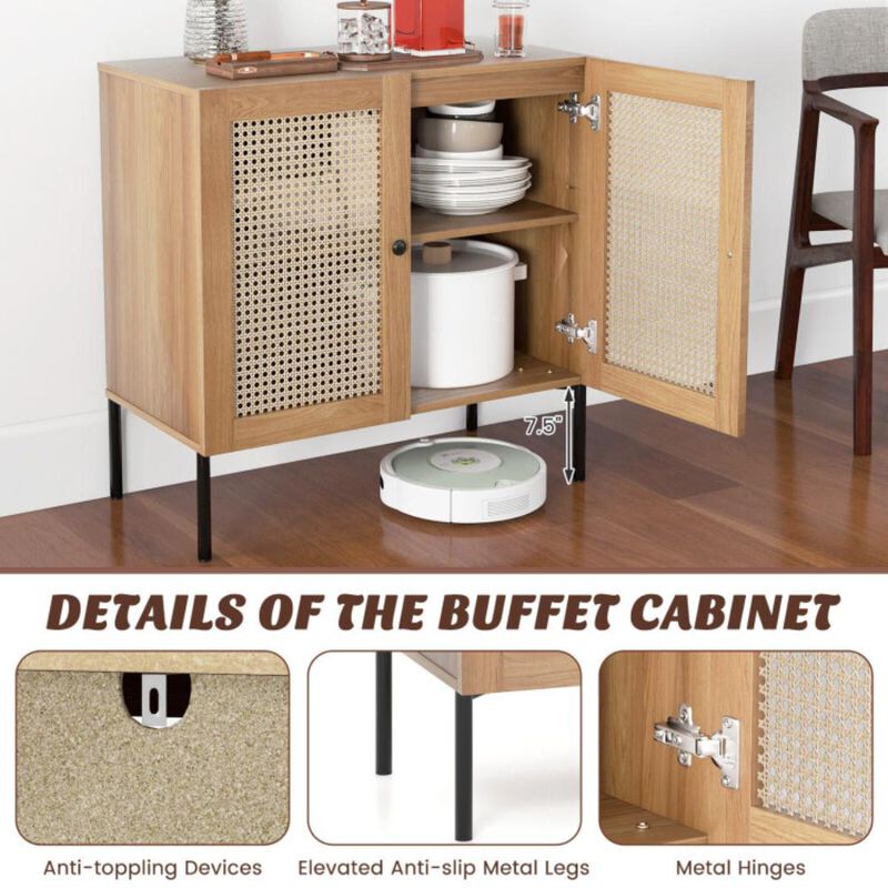Hivvago Kitchen Sideboard with 2 Rattan Doors and Adjustable Shelf