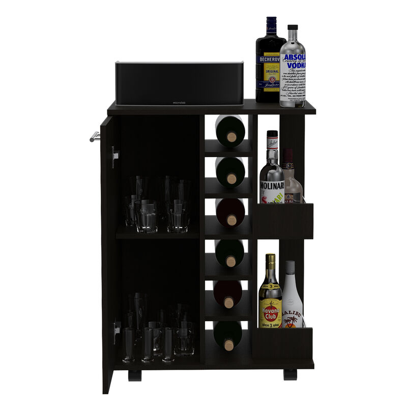 DEPOT E-SHOP Magda Bar Cart, Four Casters, Six Built-in Wine Rack, Single Door Cabinet, Two External Shelves, Black