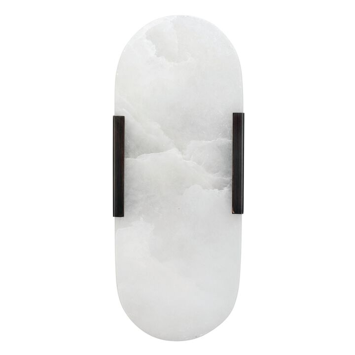 Ela 13 Inch Wall Sconce, Oblong Alabaster Shade, Sturdy Black Steel Plate-Benzara