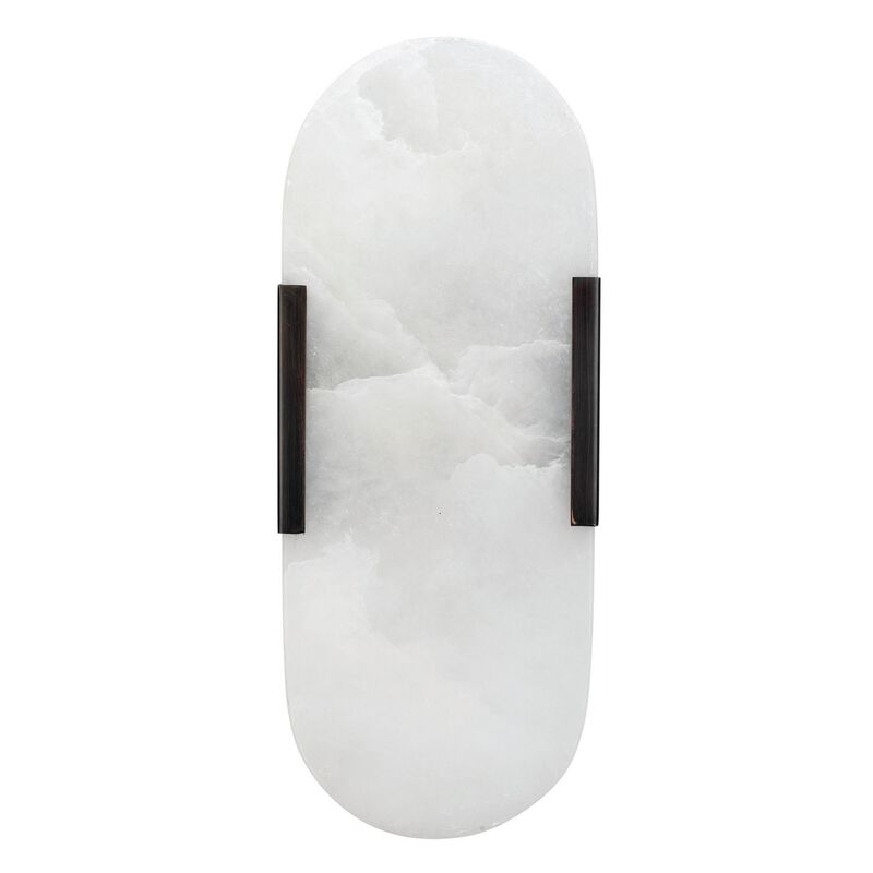 Ela 13 Inch Wall Sconce, Oblong Alabaster Shade, Sturdy Black Steel Plate-Benzara