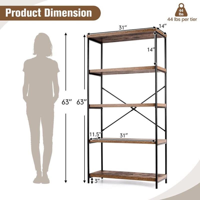 Hivvago 5-Tier Industrial Bookshelf Display Storage Rack with Metal Frame