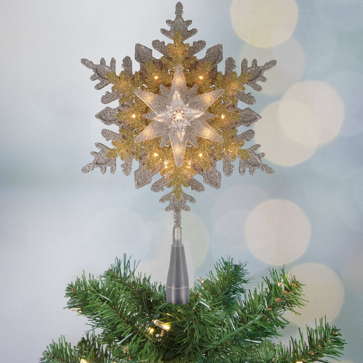 13.75" Lighted Gold and Silver Snowflake Christmas Tree Topper  Clear Lights