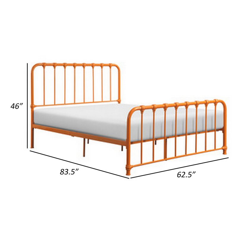 Ethan Queen Size Bed, Classic Open Slatted Metal Frame Design, Orange - Benzara