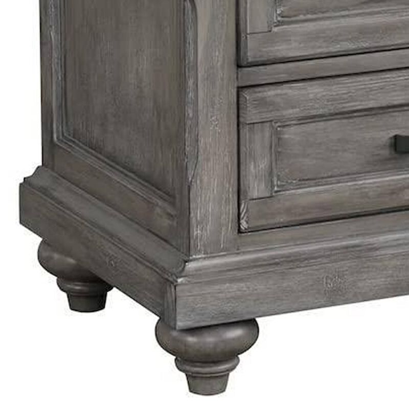 Demi 29 Inch Wood Nighstand with 3 Drawers, Metal Bar Handles, Oak Gray - Benzara