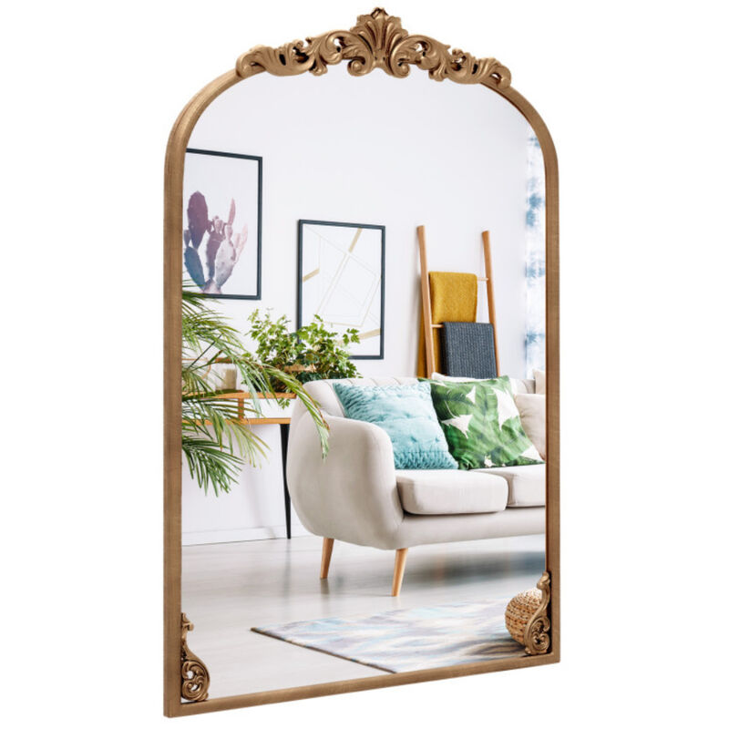 Traditional Arched Mirror with Gold Metal Frame and Baroque Design