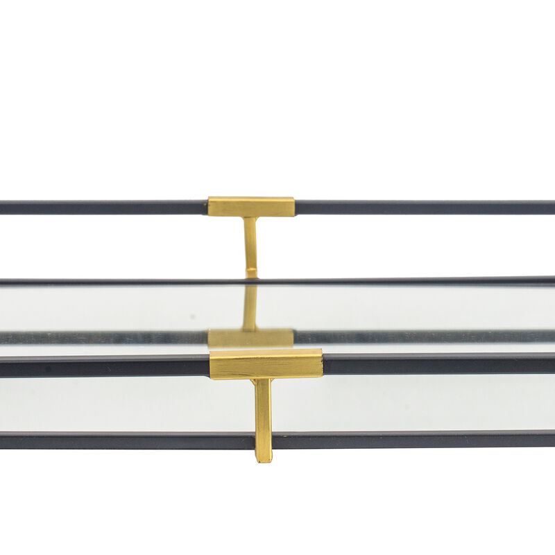 21, 27 Inch Set of 2 Decorative Trays with Mirror, Modern Frame, Gold, Black-Benzara