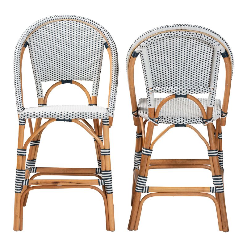 bali & pari Genica Classic French Two Tone Navy and White Weaving and Natural Rattan 2 Piece Counter Stool Set