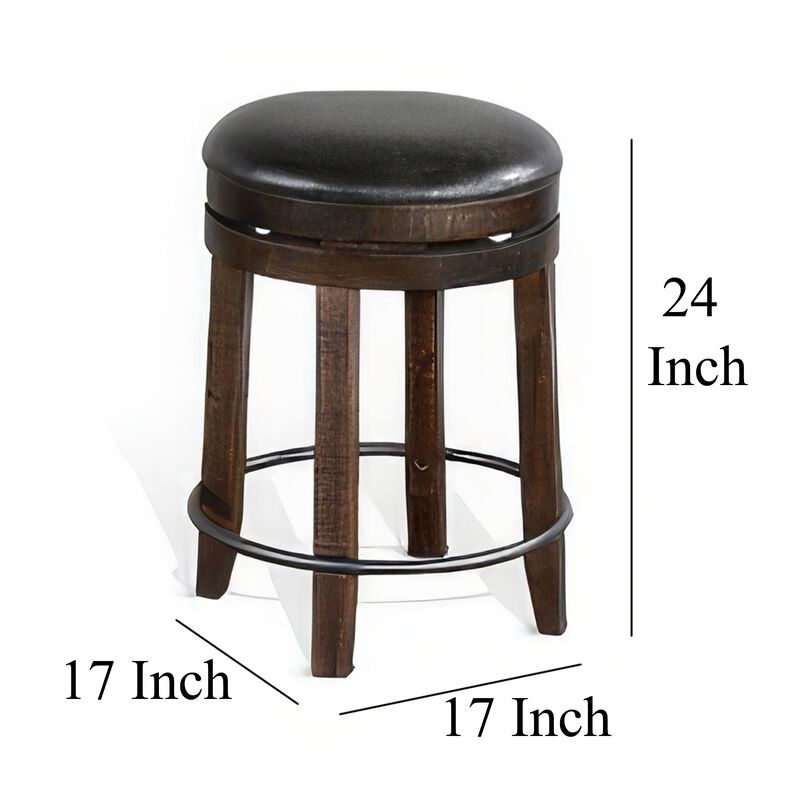 Flint Swivel Counter Stool Set of 2, Black Faux Leather, Dark Brown - Benzara