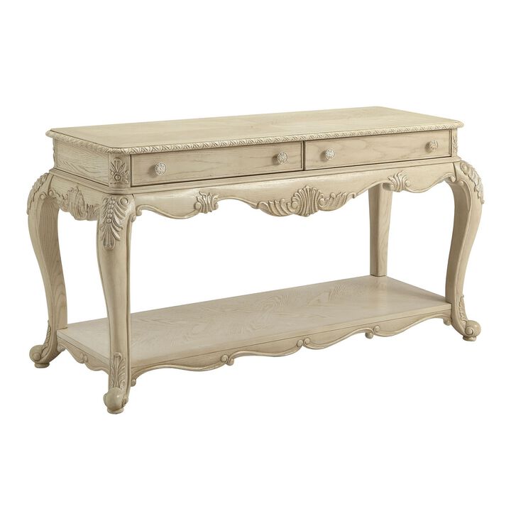 Vintage Style Wooden Sofa Table with Two Drawers and One Open Shelf, White-Benzara