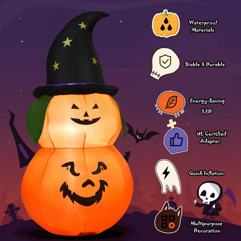 5 ft Inflatable Halloween LED Pumpkin with Witch Hat