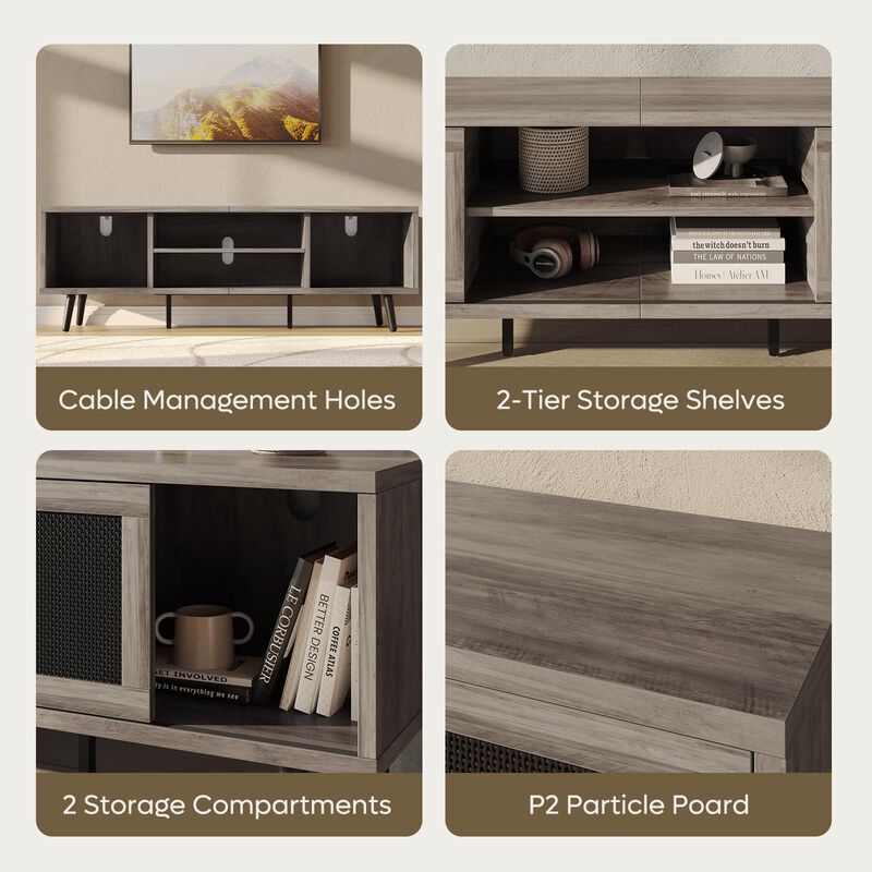 Grey TV Stand for 75 Inch TV, Boho Entertainment Center