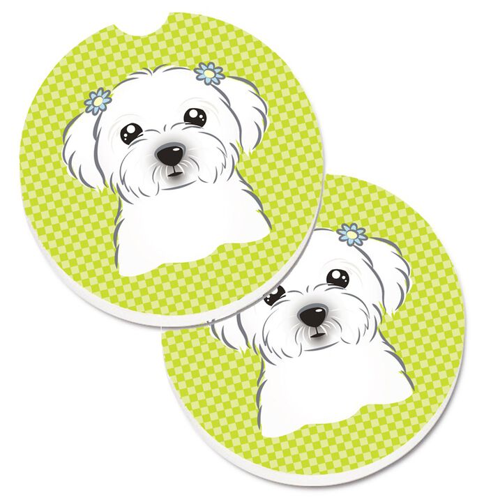 Caroline's Treasures Checkerboard Lime green Maltese Set of 2 Cup Holder Car Coasters BB1270CARC, 2.56, Multicolor