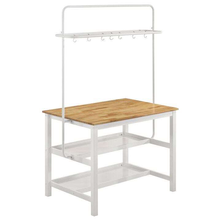 Hoa 77 Inch Counter Height Kitchen Table, Racks, Hook Stand, White Wood - Benzara