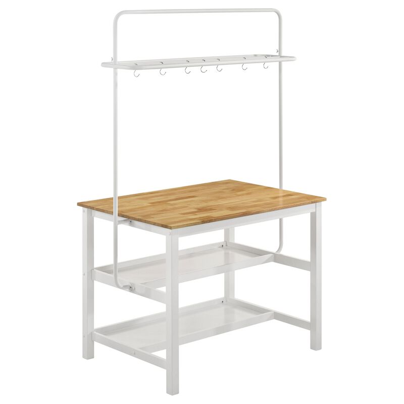 Hoa 77 Inch Counter Height Kitchen Table, Racks, Hook Stand, White Wood - Benzara