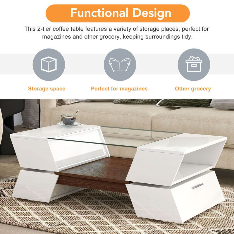 Merax 6mm Glass-Top Coffee Table with Open Shelves and Cabinets