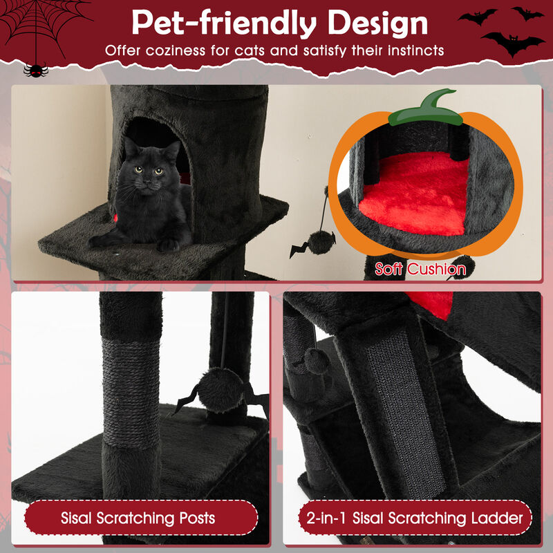 Gothic Cat Tree with 2 Cat Condos and Spooky Dangling Ball for Indoor Cats