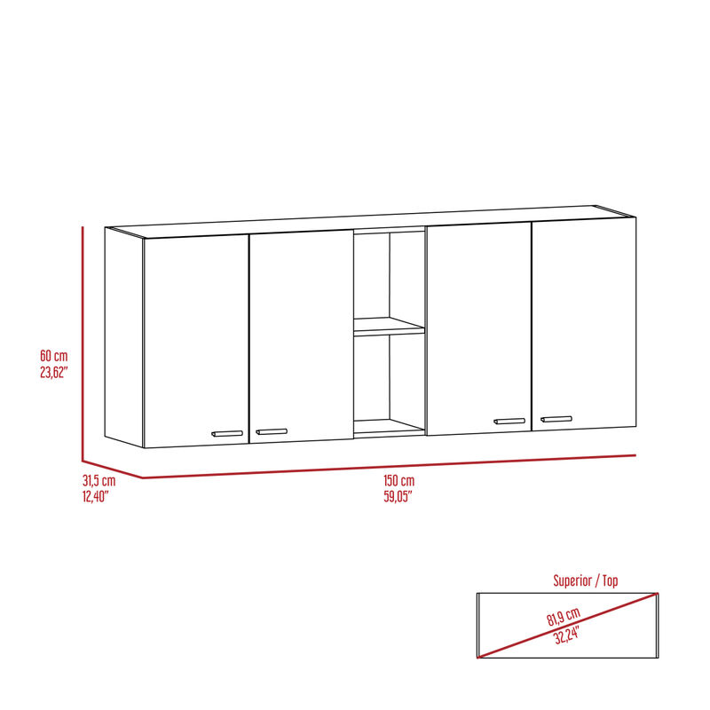 Portofino 150 Wall Cabinet, Double Door, Two External Shelves, Two Interior Shelves - White