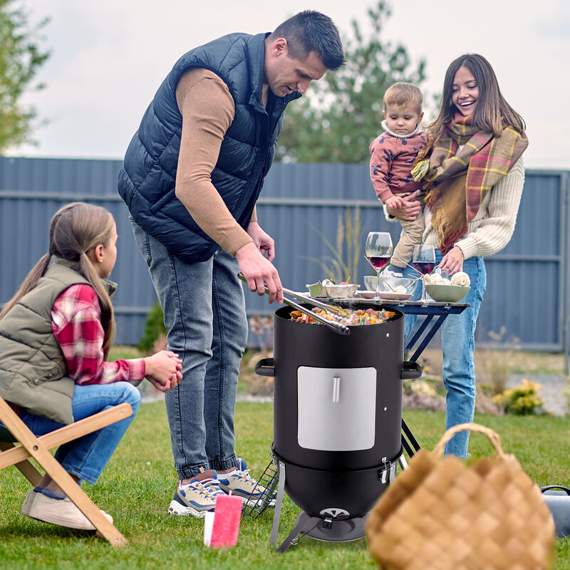 Vertical Charcoal Smoker Heavy-Duty 3-Layer Round BBQ Grill for Outdoor Cooking and Smoking