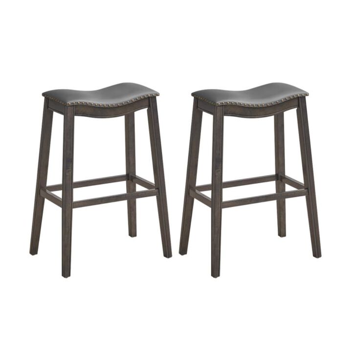 Hivvago 29 Inch Set of 2 Backless Wood Nailhead Barstools with PVC Leather Seat