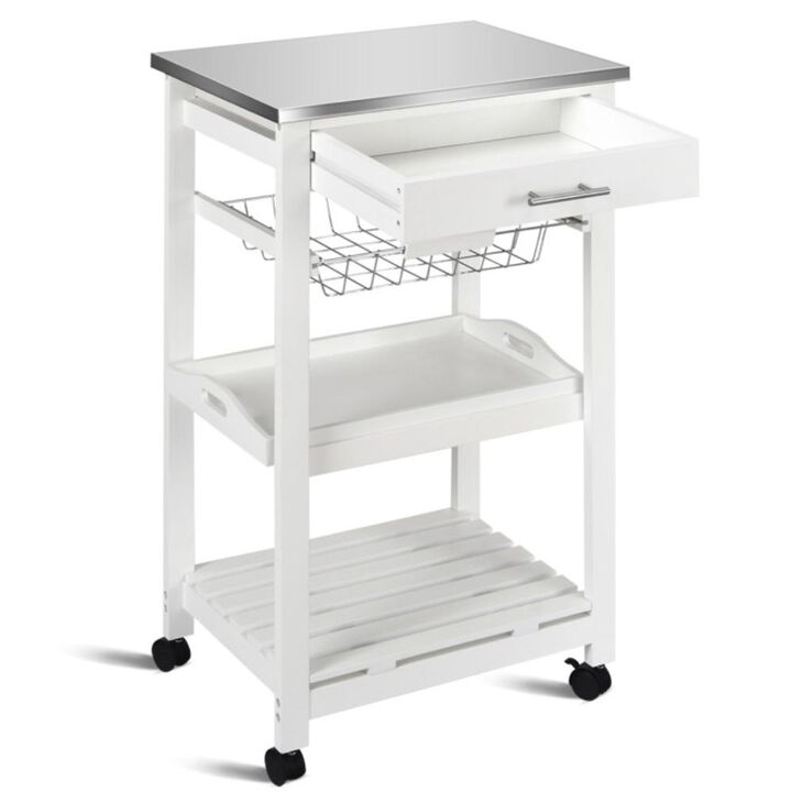 Hivvago Kitchen Island Cart with Stainless Steel Tabletop and Basket-White