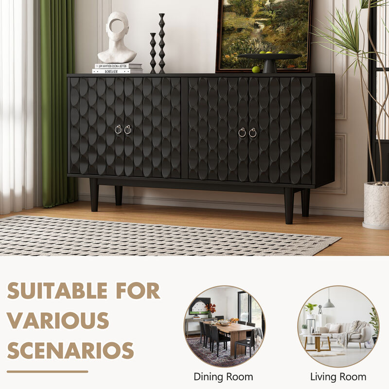 Clihome Modern 4-door Sideboard with Convex Pattern Doors and 2 Silver Handle for Living Room, Dining Room, Kitchen (Black)