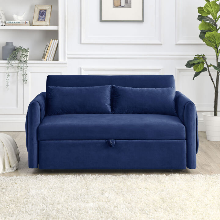 55" Modern Convertible Sofa Bed With 2 Detachable Arm Pockets, Velvet Loveseat Sofa With Pull Out