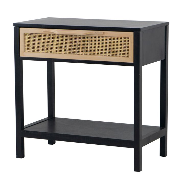 Rosette 22 Inch Side End Table, Natural Brown Rattan Front Drawer, Open Shelf, Black Mango Wood Frame - Benzara