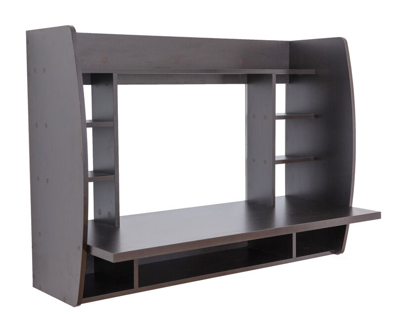Wall Mount Laptop Office Desk with Shelves, Brown