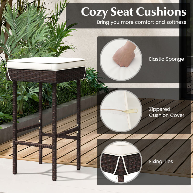 Patio Rattan Barstools Set of 4 with Footrest and Soft Cushions for Backyard Balcony