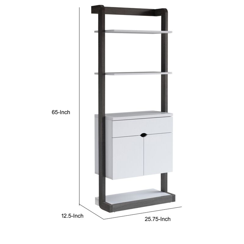 65 Inch Modern Display Cabinet, 4 Shelves, Drawer, Distressed Gray, White - Benzara