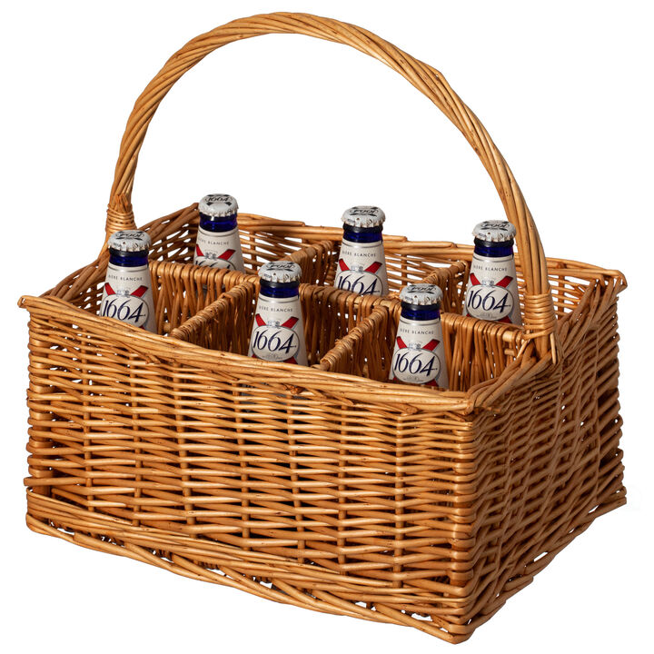 Wickewise Indoor and Outdoor 6 Bottle Wine and Beverage Wicker Tote Basket – Perfect for Beer, Champagne, Bar Accessories, Home Bars, Picnics, Parties, and Bachelor Party Favors, Brown