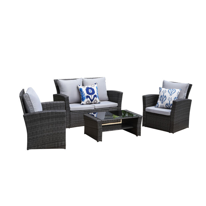4-Pieces PE Rattan Wicker Outdoor Patio Furniture Set With Grey Cushions