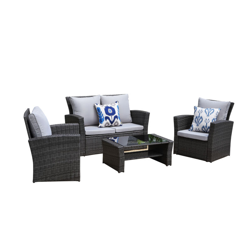 4-Pieces PE Rattan Wicker Outdoor Patio Furniture Set With Grey Cushions