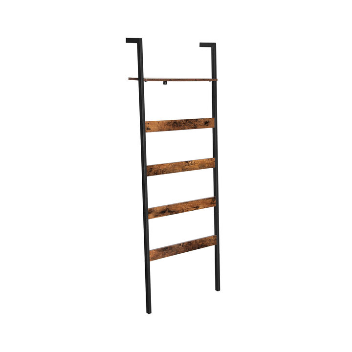 Rustic Brown and Black Blanket Ladder Shelf - Wall-Leaning Steel Frame Towel Rack with Storage Shelf