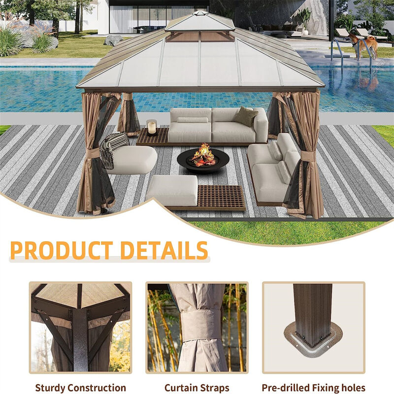 12'x12' Hardtop Gazebo with Polycarbonate Roof & Curtains