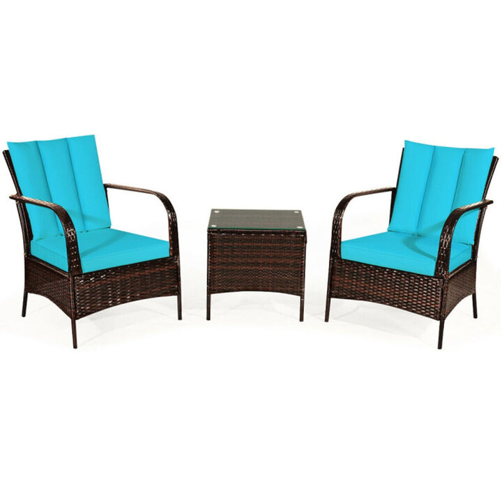 3 Pieces Patio Rattan Conversation Set with Glass Top Coffee Table and Cushions