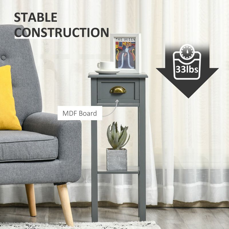 Gray Narrow Nightstand: 2-Tier Tall Side Table with Drawer and Shelf