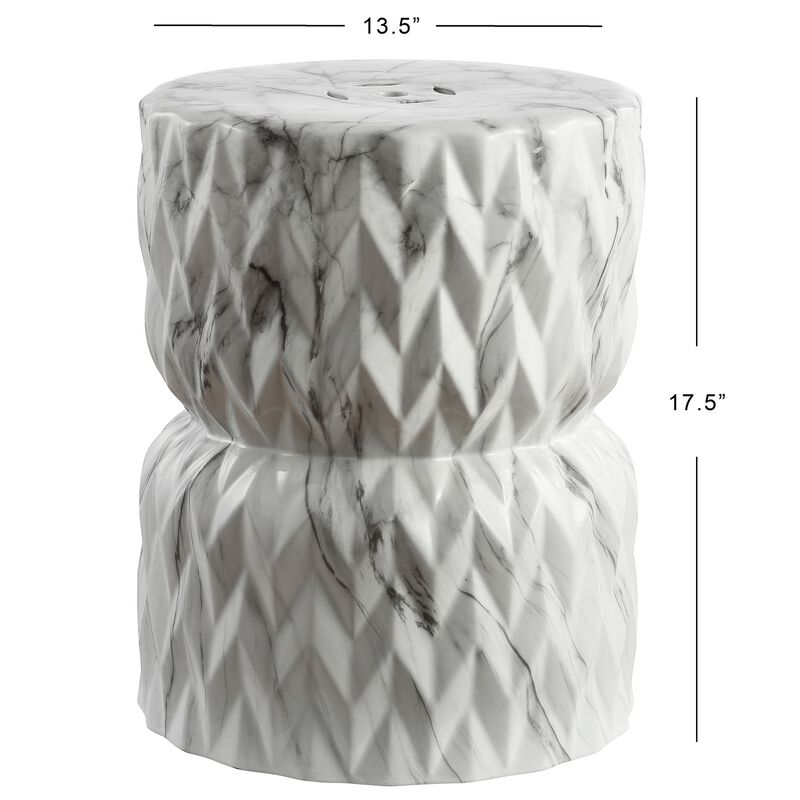 Chevron Drum White Marble Finish Ceramic Garden Stool