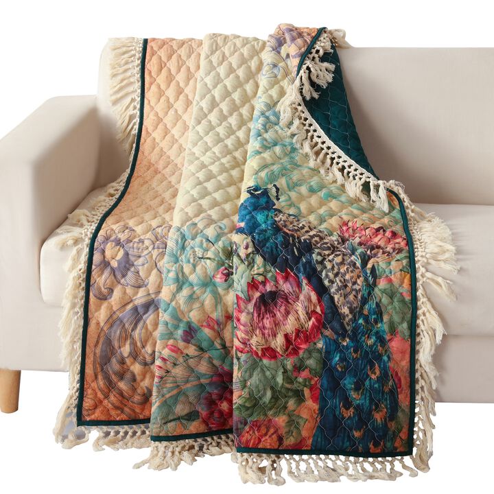 Ufa 60 Inch Quilted Throw Blanket, Blue Microfiber, Peacock, Floral Design-Benzara