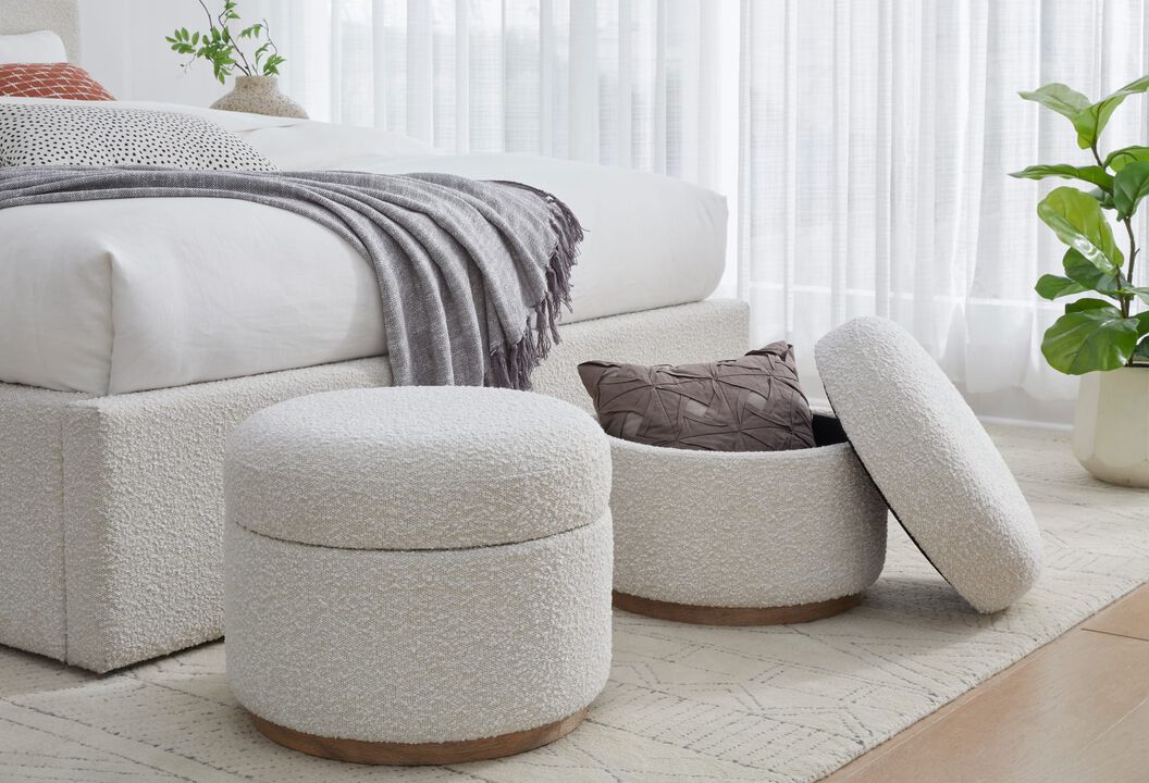 Off-White Upholstered Storage Ottoman