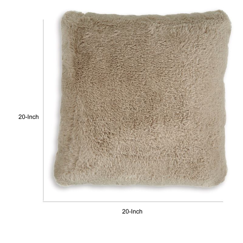 Difi Throw Pillow Set of 4, 20 Inch, Faux Rabbit Fur Face, Taupe Polyester -