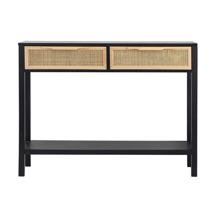 Dana 39 Inch Sofa Console Table, 2 Rattan Drawers, Black Finish, Brown-Benzara
