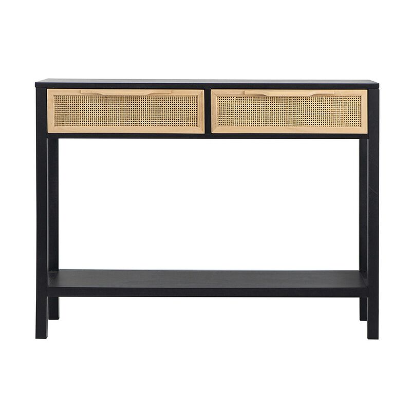 Dana 39 Inch Sofa Console Table, 2 Rattan Drawers, Black Finish, Brown-Benzara
