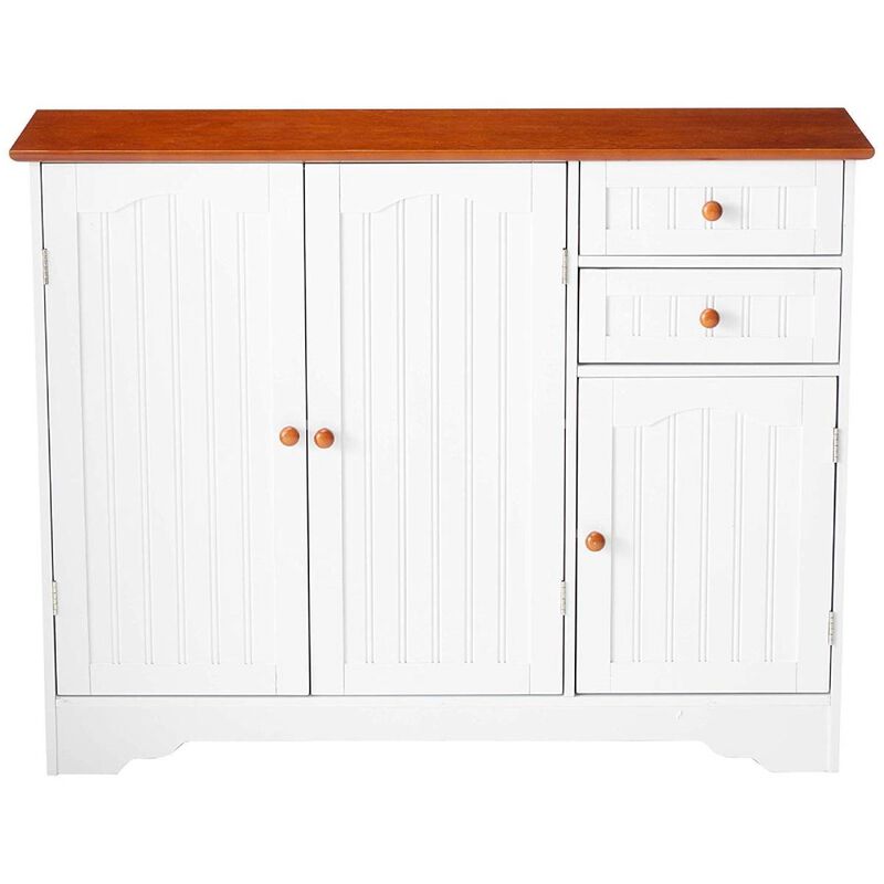 Hivvago White Wood Sideboard Buffet Cabinet with Walnut Finish Top and Knobs