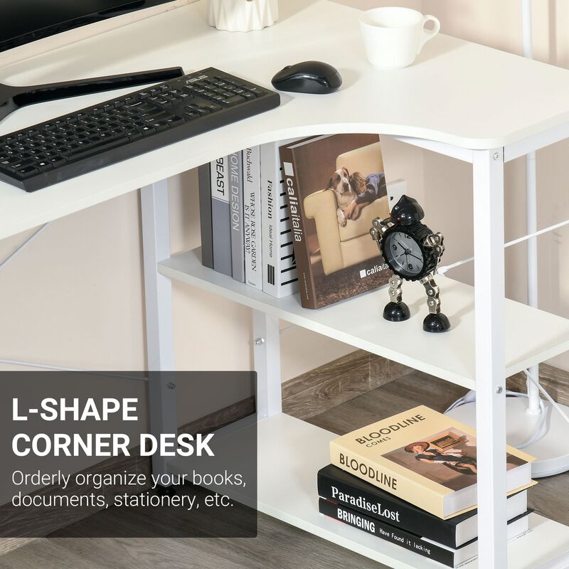 White Corner Workstation: L-Shaped Desk with Wide Top and Side Shelves
