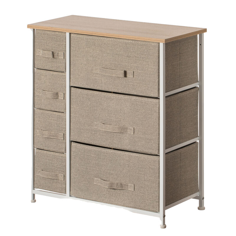 Sand Bins and White Frame Seven Storage Night Chest and Storage Chest, 2 Sizes Bins, Beige, 7 Drawers