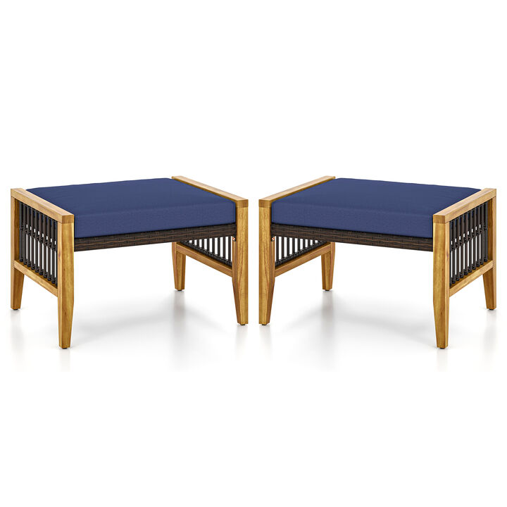 Patio Acacia Wood Ottomans with Cushions and Versatile Rattan Woven Footstools-Navy