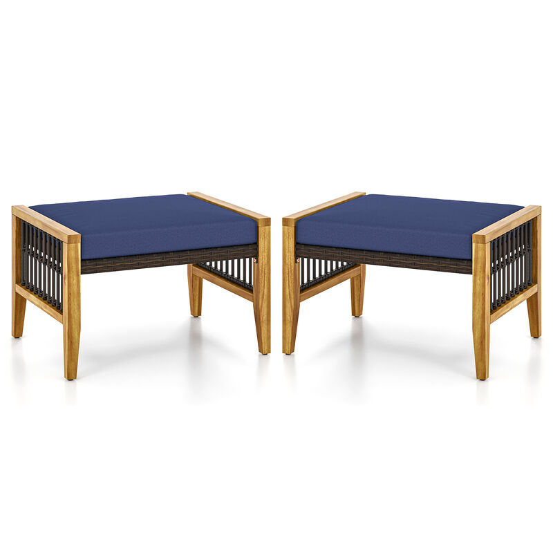 Patio Acacia Wood Ottomans with Cushions and Versatile Rattan Woven Footstools-Navy