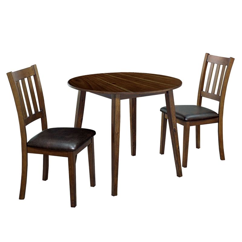 3 Piece Round Dining Table and Leatherette Chair Set, Brown-Benzara