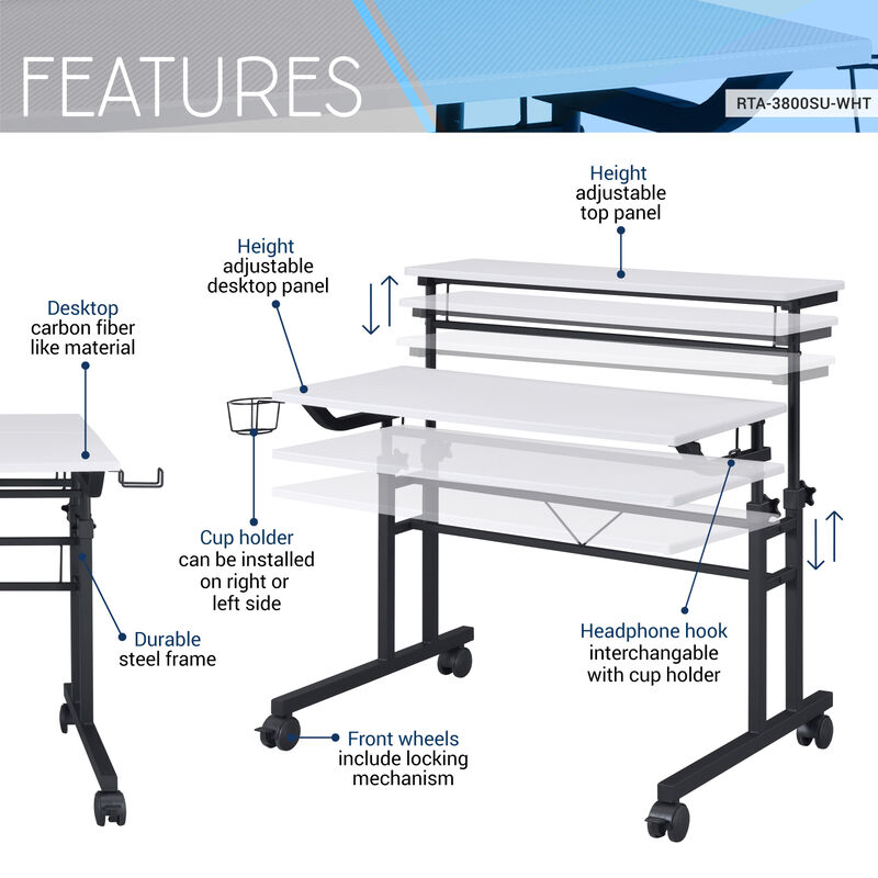 Rolling Writing Desk with Height Adjustable Desktop and Moveable Shelf, White